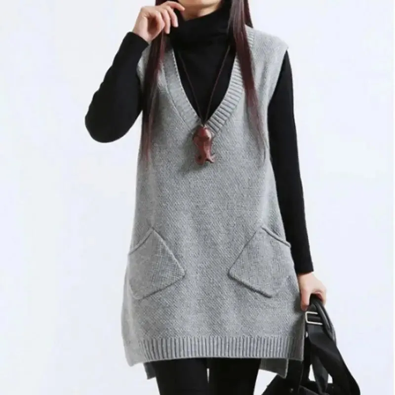 Znbbw Women Sweater Spring Autumn New Korean Women's V-neck Knit Long A-shaped Pocket Vest Pullover Sleeveless - Image 5