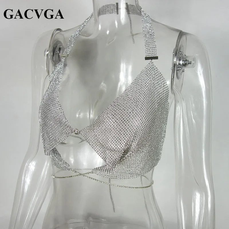 Znbbw 2023 Summer Crop Top Sexy Camisoles Women V-neck Crystal t-shirt Halter Tops Backless Bustier Metal Tank Top bts - Image 3