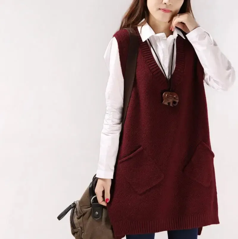 Znbbw Women Sweater Spring Autumn New Korean Women's V-neck Knit Long A-shaped Pocket Vest Pullover Sleeveless - Image 7