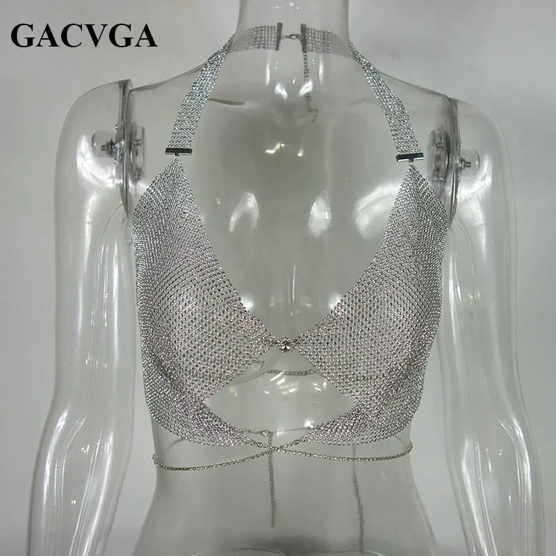 Znbbw 2023 Summer Crop Top Sexy Camisoles Women V-neck Crystal t-shirt Halter Tops Backless Bustier Metal Tank Top bts - Image 2