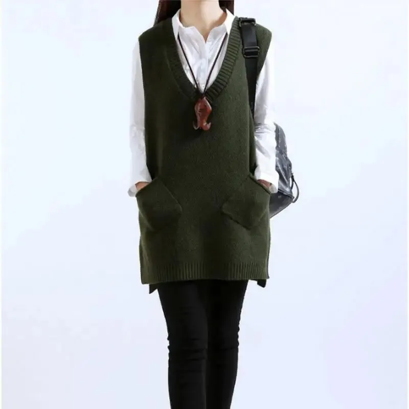 Znbbw Women Sweater Spring Autumn New Korean Women's V-neck Knit Long A-shaped Pocket Vest Pullover Sleeveless - Image 3