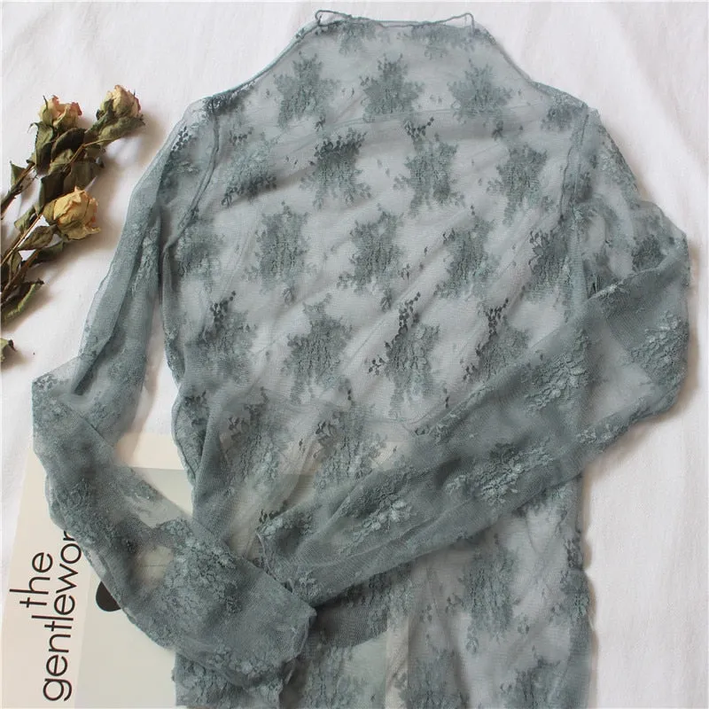 Znbbw Women Lace Floral Embroidery Blouses Shirt Ladies tops Sexy mesh Blouses Transparent Elegant See-through Black Shirt - Image 3