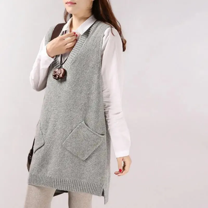 Znbbw Women Sweater Spring Autumn New Korean Women's V-neck Knit Long A-shaped Pocket Vest Pullover Sleeveless - Image 9