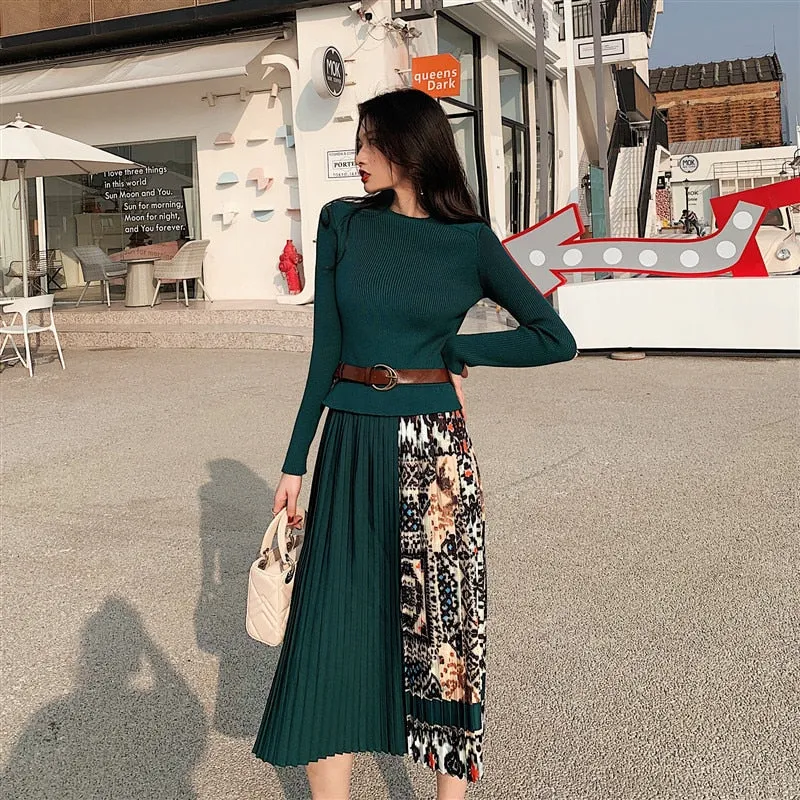 Znbbw 2023 New Spring Autumn Elegant Knitted Patchwork Pleated Midi Dress Women Long Sleeve Retro Runway Printing chic Dresses - Image 2