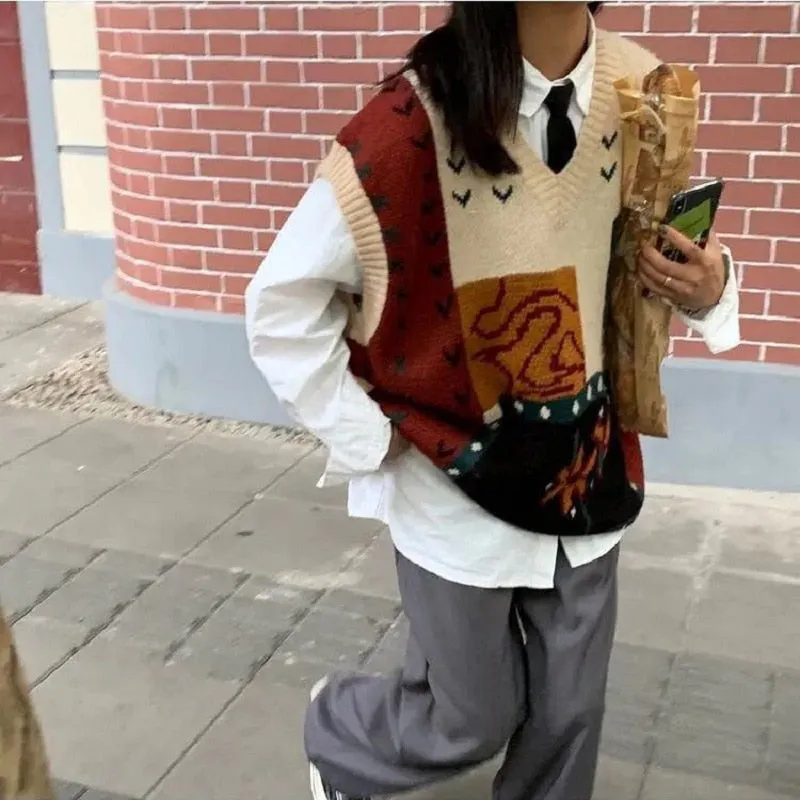 znbbw 2023 Autumn Street Style Patchowork Knit V Neck Women's Sweater Y2K Sleeveless Ladies Vest Winter Loose Female Clothing - Image 5