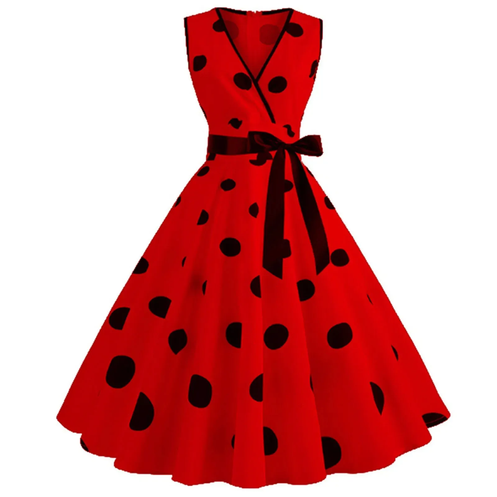 Znbbw 80s 90s Polka Dot Printed Swing Dress Women's Elegant Retro Sleeveless Deep V-Neck Party Dress Ladies Bow Bandage Dress - Image 4