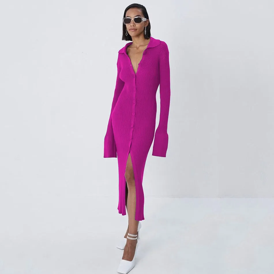 Znbbw Autumn Winter Elegant Knit Rib Bodycon Dress Office Lady Long Sleeve Lapel Button down Midi Dress Party Casual Women Wear - Image 3