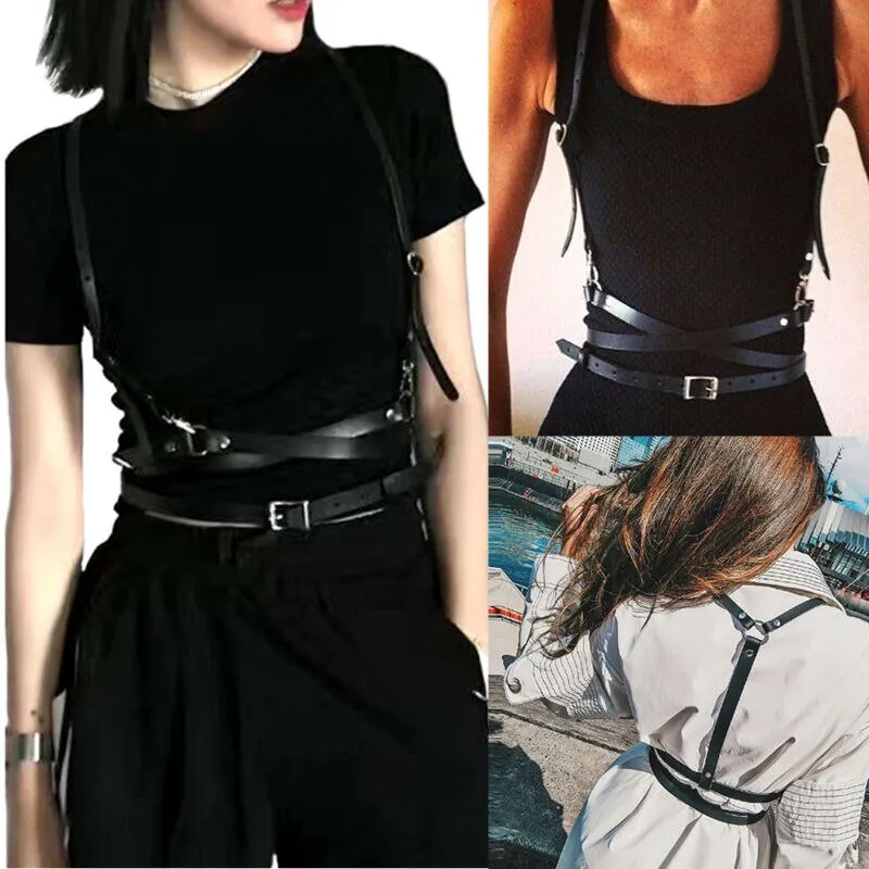 Znbbw Clothing Accessories Women Black Goth Faux Leather Cage Vest Chest Sculpting Body Harness Strap Waist Belt Cincher