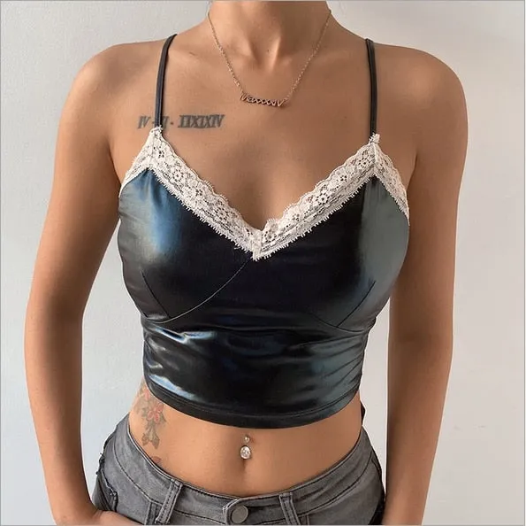Znbbw Lace Patchwork PU Leather Camisole Women Sleeveless V Neck Slim Fit Black Crop Top Club Street Fashion Tank Tops Streetwear