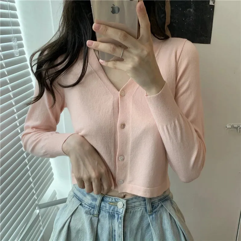Znbbw Women V-Neck Knitted Casual Short Sweaters Cardigans Lady Full Sleeve Thin Cardigan Outwear Crop Top for Female - Image 3