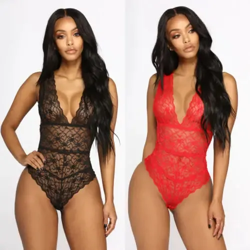 Znbbw Women V-Neck Lace Bandage Bodysuit  Women Sleepwear Underwear Lingerie Romper Party Jumpsuit