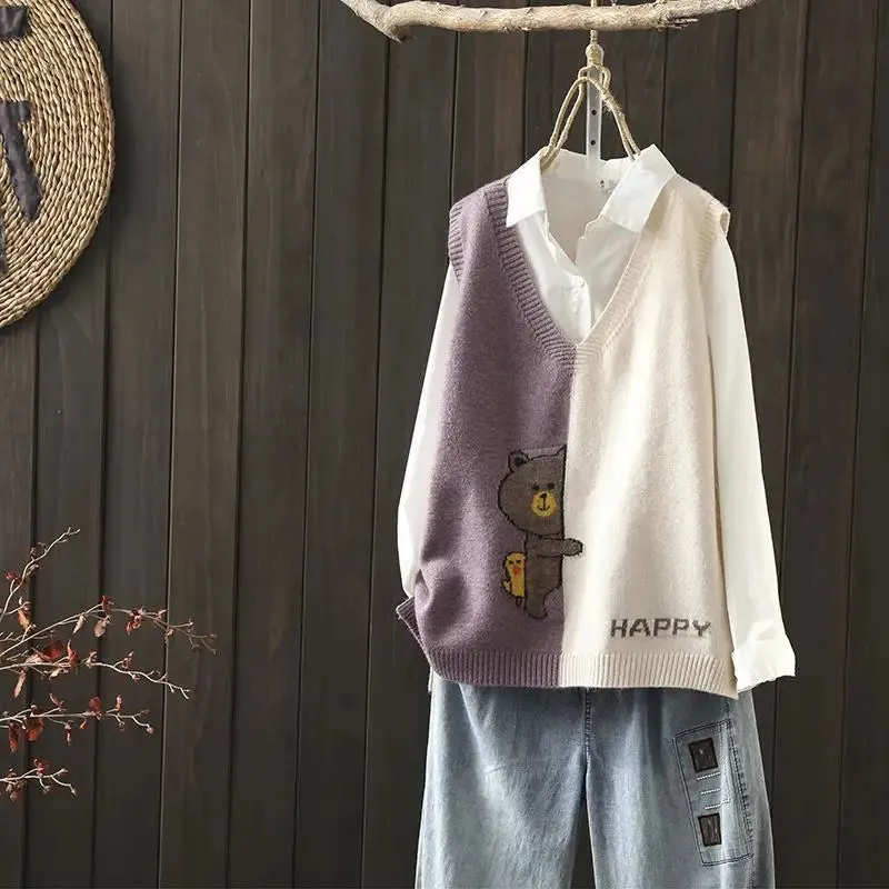 Znbbw and autumn new simple color matching knitted vest women loose wild V-neck cartoon pattern knitted sweater - Image 6