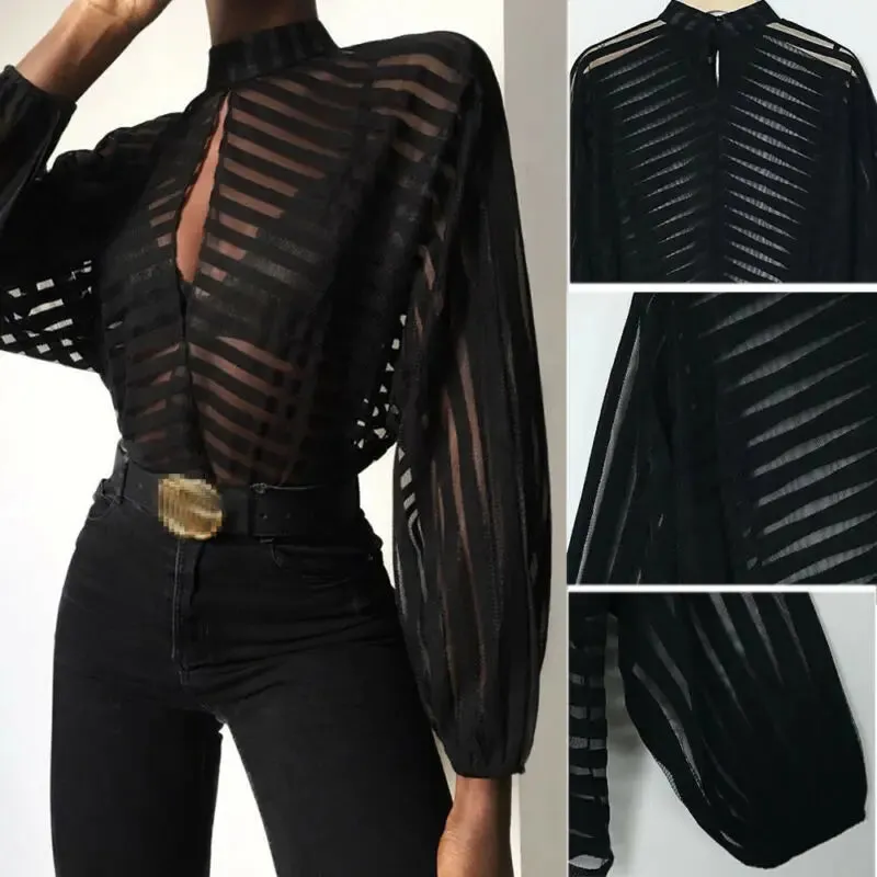 Znbbw Women Mesh Net Blouse Sheer Long Sleeve Ladies Shirt Black Front Hollow Sexy Tops Womens Clothing Summer Female Blouses hot - Image 3