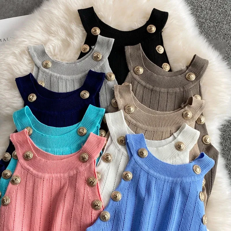 Znbbw Women Gold Buttons Halter Collar Tank Tops Female Stretchable Thin Hollow Out Camisole Sleeveless Short T-shirts Tees - Image 3