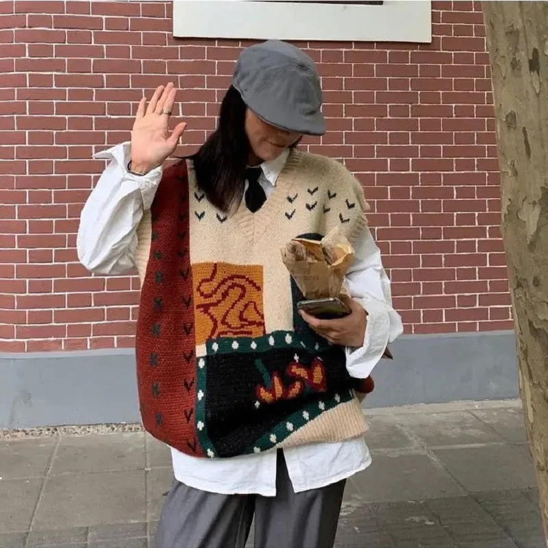 znbbw 2023 Autumn Street Style Patchowork Knit V Neck Women's Sweater Y2K Sleeveless Ladies Vest Winter Loose Female Clothing - Image 4