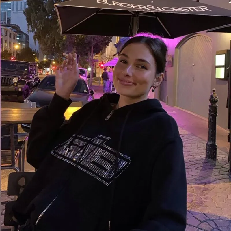 Znbbw Y2K Fashion Zipper Oversized Hoodies E-girls Vintage Solid Letter Long Sleeve Black Sweatshirts Autumn Outfits - Image 2