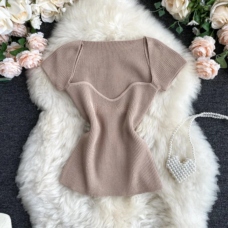 Znbbw Women V-neck Knitted Short Sleeve Draw String T-shirts Crop Tops Girls Knitting Stretchy Cropped Sheath Tee Shirts For Female - Image 8