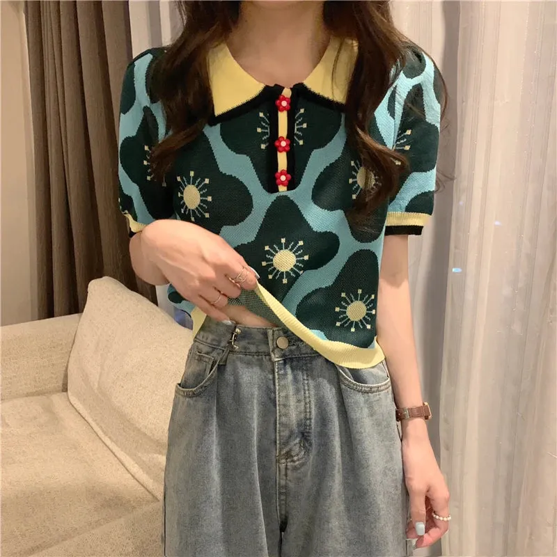 Znbbw Women Puff Short Sleeve Printed Flowers Sweaters Shirts Polo Collar Cropped Thin Sweater Pullover Crop Top For Female - Image 3
