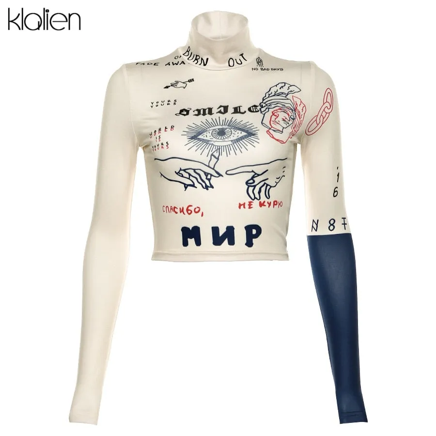 Znbbw Women Long Sleeve Turtleneck Letters Print Slim Sexy Skinny T-Shirt Fashion Spring New Streetwear Basic Hip Hop Top New - Image 2