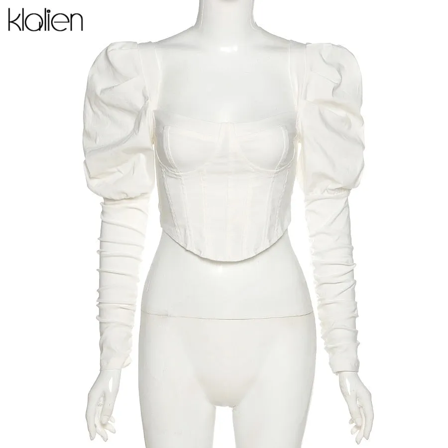 Znbbw 2023 Spring Fashion Elegant Puff Sleeve Square Collar T Shirt Women Skinny Casual Streetwear Crop Corset Top Ladies - Image 5