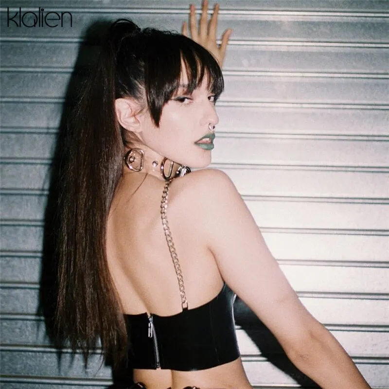 Znbbw women sexy v-neck PU leather metal chain strap crop camis 2023 new fashion sexy female spangly PU back zipper tees tops - Image 6