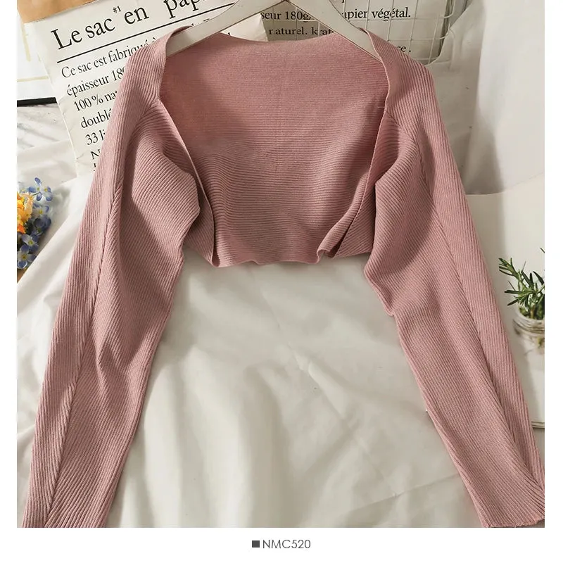 Znbbw autumn knitted cropped top 2024 new shawl long sleeve all-match sweater cardigan crop tops - Image 6