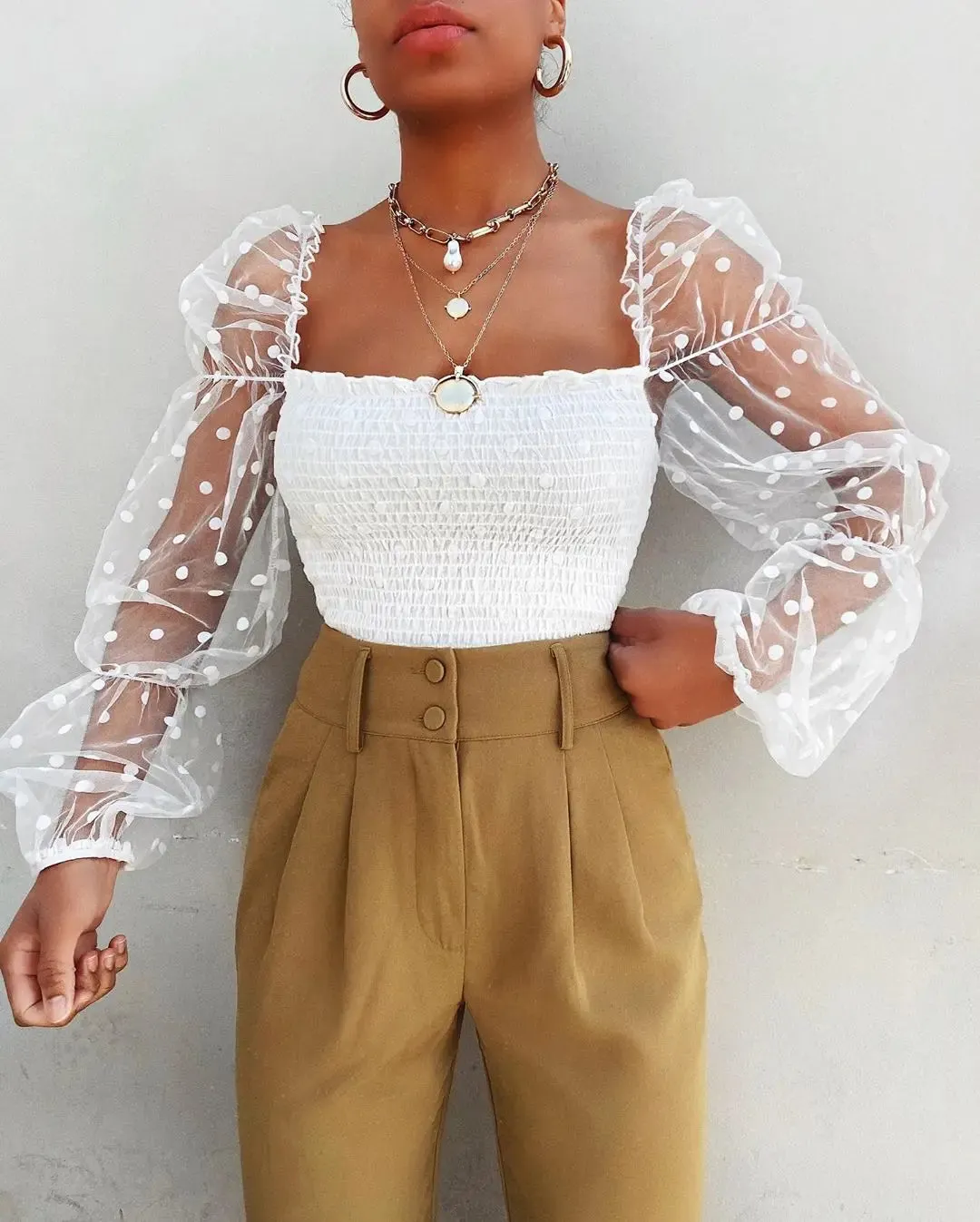 Znbbw Women Mesh Sheer Blouse Chiffon See-through Long Sleeve Top Shirt Blouse Fashion Organza Transparent White Shirt Female Blusas - Image 4