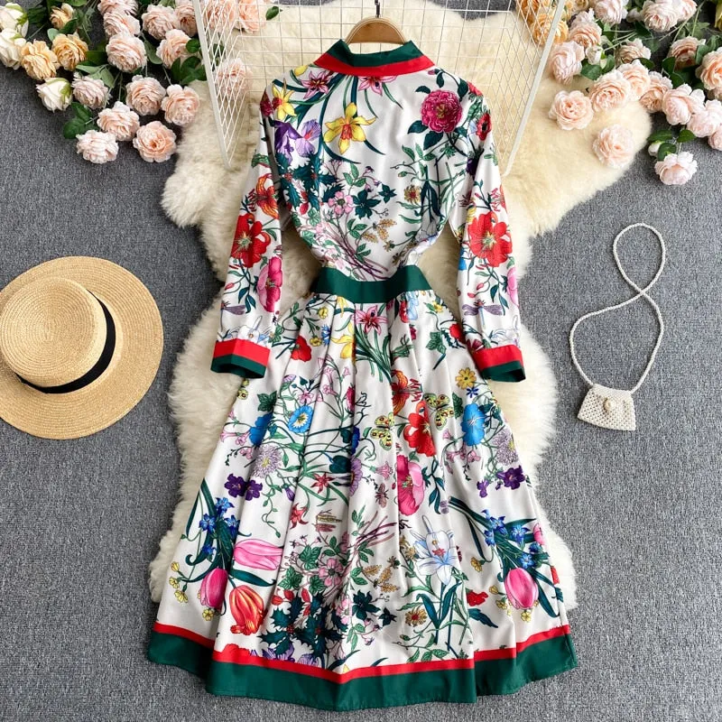 Znbbw 2023 Spring Autumn Fashion Runway Shirt Dress Women's Long Sleeve Elegant Floral Stripe Print OL Pleated Midi Dress - Image 2