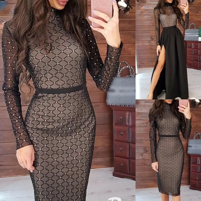 Znbbw Women Sexy Elegant Long Sleeve Lattice Glitter Diamond Turtleneck See Through High Waist Slim Bodycon Party Black Split Dress - Image 2