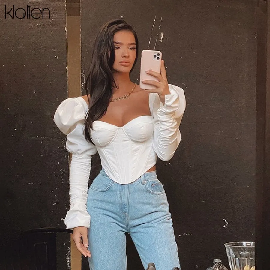 Znbbw 2023 Spring Fashion Elegant Puff Sleeve Square Collar T Shirt Women Skinny Casual Streetwear Crop Corset Top Ladies - Image 7