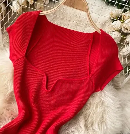 Znbbw Women V-neck Knitted Short Sleeve Draw String T-shirts Crop Tops Girls Knitting Stretchy Cropped Sheath Tee Shirts For Female - Image 4