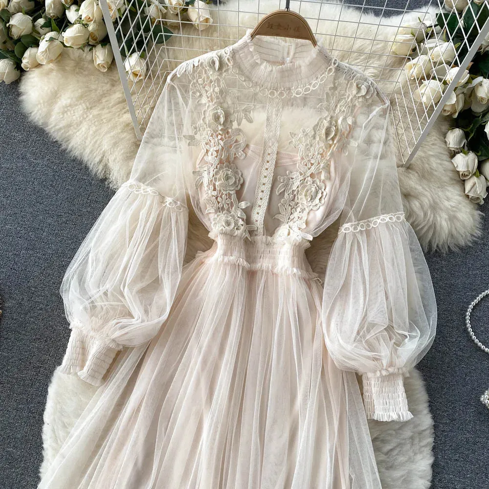 Znbbw 3D Flowers Mesh Dress 2024 Spring Summer Women Fairy Two Pieces Knee Length Solid Dresses Female Midi Dress - Image 11