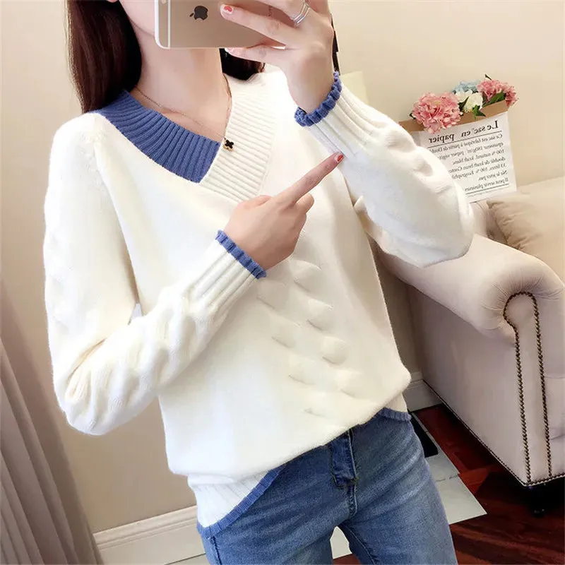 Znbbw Women's Sweaters Knitting Pullover 2024 New Autumn Winter Casual Loose Striped V-neck Knitted Sweater Female Pullovers Tops - Image 9