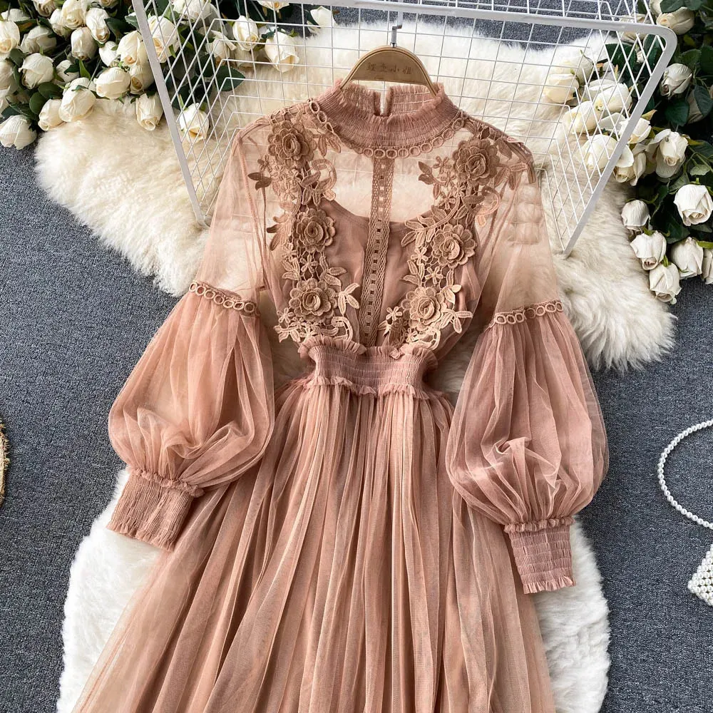 Znbbw 3D Flowers Mesh Dress 2024 Spring Summer Women Fairy Two Pieces Knee Length Solid Dresses Female Midi Dress - Image 7