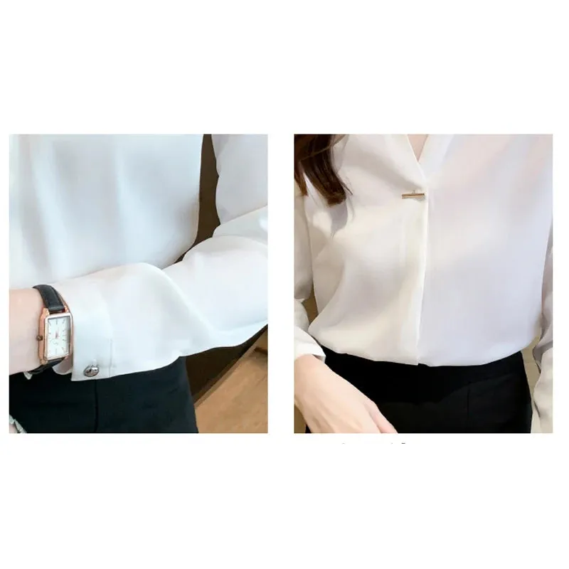 Znbbw Women V-Neck White Chiffon Blouse Blouse Shirt Tops Long Sleeve Blouse Women Blusas Mujer De Moda 2023 Blouses Femme A296 - Image 5
