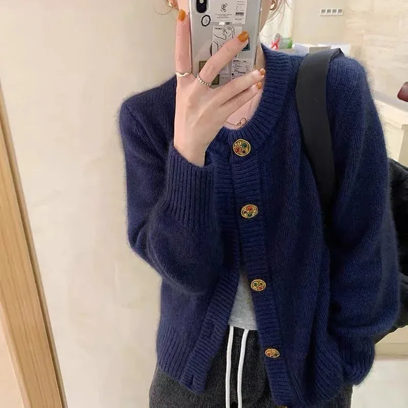 Znbbw And Autumn Fashion New Long Sleeve Round Neck Solid Color Sweater Women Western Style Loose Knit Cardigan Jacket - Image 2