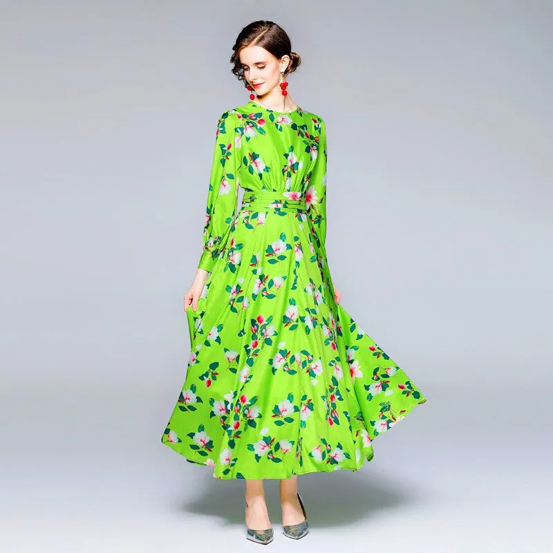Znbbw 2023 Autumn Designer Runway Long Maxi Dress Women's O-Neck Long Puff Sleeve Green Floral Print Holiday Party Dress N8617 - Image 3