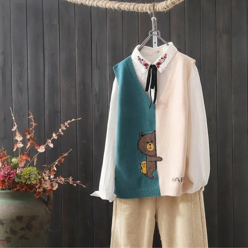 Znbbw and autumn new simple color matching knitted vest women loose wild V-neck cartoon pattern knitted sweater - Image 5