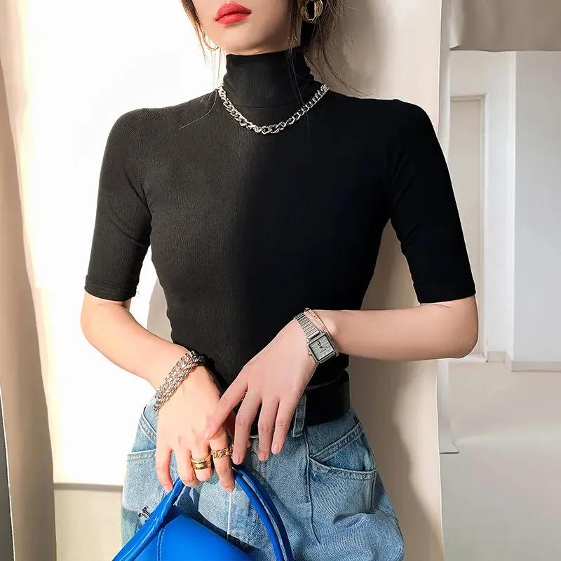 Znbbw Women Half Turtleneck Slim Half Sleeve T Shirts Lady Threaded Fabric Elegant Stretchy Tops Tees Female Basic Sheath T-Shirt - Image 2