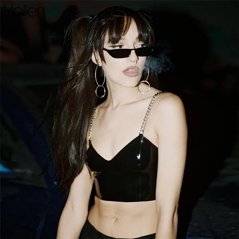 Znbbw women sexy v-neck PU leather metal chain strap crop camis 2023 new fashion sexy female spangly PU back zipper tees tops - Image 5