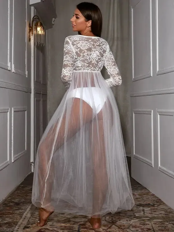 Znbbw Women Summer Night Dress Lace Stitching Sheer V-Neck Long Sleeve Long Maxi Dress Lingerie for Girls Home Apparel Exotic Dresses - Image 5