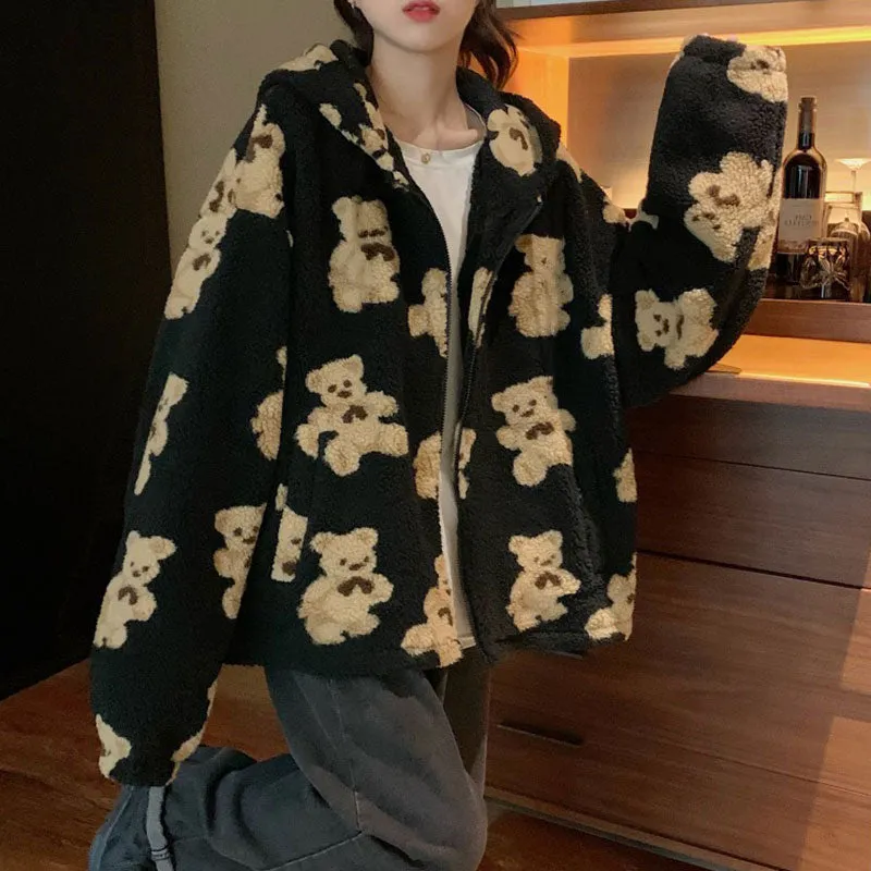 Znbbw New Cartoon Bear Lamb Zip Up Hoodie Women Hooded Coat Casual Oversized Sweatshirt Tops Female Hoodie Jacket Cute Teddy Coat - Image 2