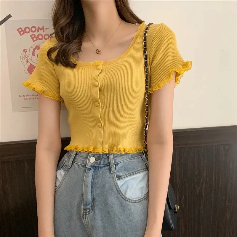 Znbbw Women Patched Lace O-Neck Knitted Short Sleeve Thin Sweaters Cardigans Lady Single-breasted Buttons Sweater Crop Tops Female - Image 3