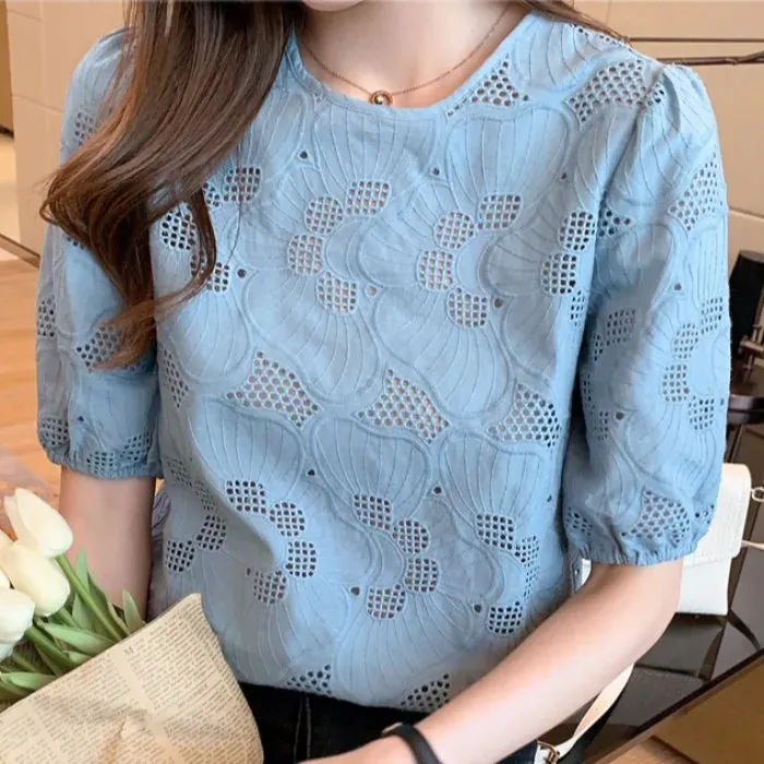 Znbbw Women White Blouse Tops Short Sleeve Hollow Chiffon Blouse Shirt Blouse Women Blusas Mujer De Moda 2023 Blouses Top E949 - Image 3