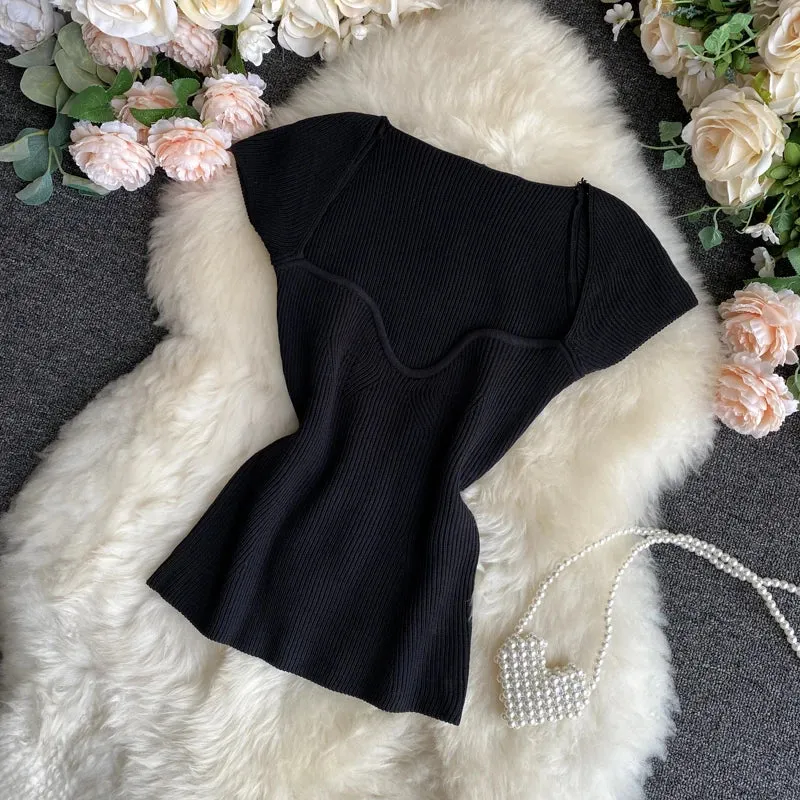 Znbbw Women V-neck Knitted Short Sleeve Draw String T-shirts Crop Tops Girls Knitting Stretchy Cropped Sheath Tee Shirts For Female - Image 7