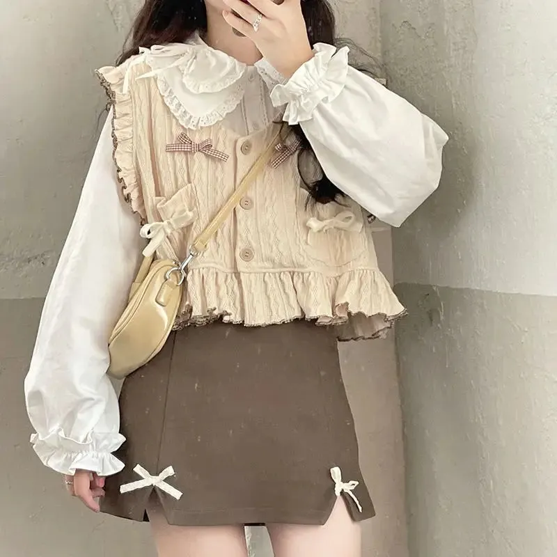 Znbbw Autumn Kawaii Sweater Vest Women Loose Bowknot Japanese Sweet Cute Knitted Vest Ruffle Korean Fashion Button-down Cardigan - Image 4