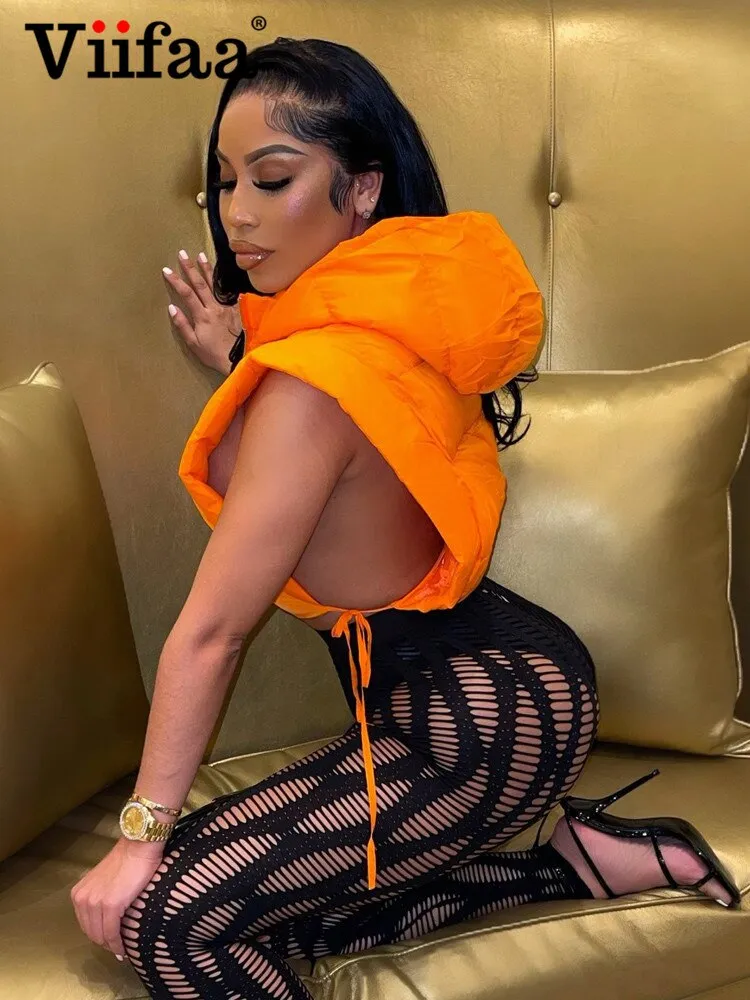 Znbbw Solid Hooded Cut Out Side Cropped Puffer Vest Top 2023 Womens Fashion Quilted Coats and Jacket Winter Sleeveless Vests - Image 3