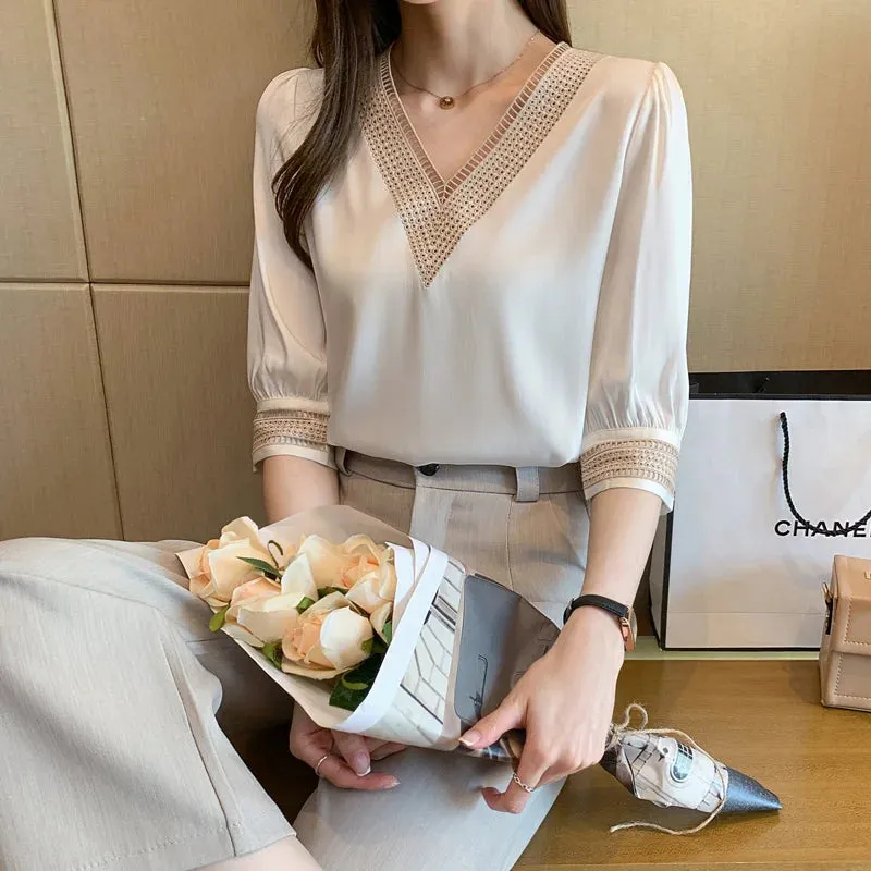 Znbbw Women Shirts Blouses Femme White Blouse Tops Women Blusas Mujer De Moda 2023 Verano V-Neck Chiffon Blouse Shirt Tops Blusas E608 - Image 5