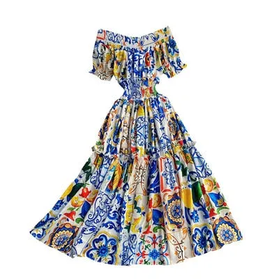 Znbbw 2023 Women Summer Bohemian Porcelain Printed Flower Dress Off Shoulder Puff Sleeve Elastic Waist Runway Midi Dress B7218 - Image 2
