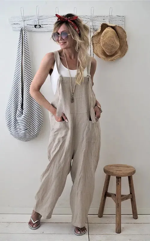 Znbbw 2024 New Brand Women Casual Loose Cotton Linen Solid Pockets Jumpsuit Overalls Wide Leg Cropped Pants hot - Image 9